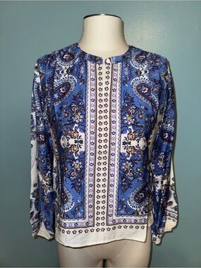 NWT LOFT Bandana Print Split Neck Balloon sleeves Blouse Petite XS